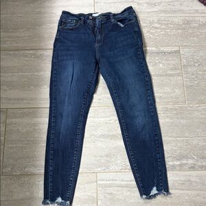 KanCan Dark Wash Skinny Jeans with Frayed Ankles